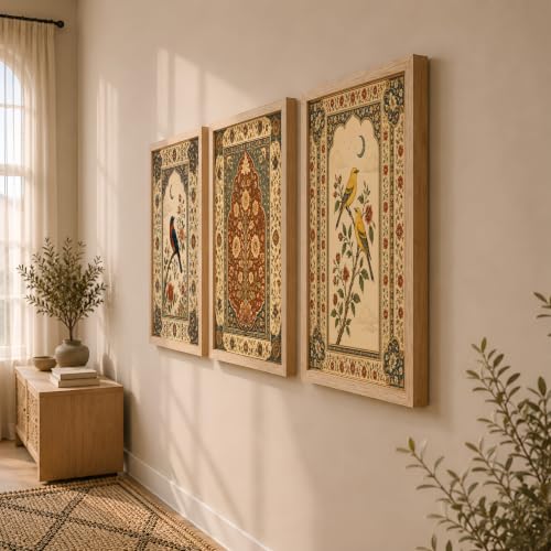 Image of NoWorries Bird Floral Wall Art Set of 3 Framed Prints | Indian Traditional Botanical Painting, Vintage Rajasthani Bird Poster, Royal Ethnic Wall Decor for Living Room Bedroom Home (Synthetic Engineered Wooden Frame) (MIN -4, 21x31 inches)