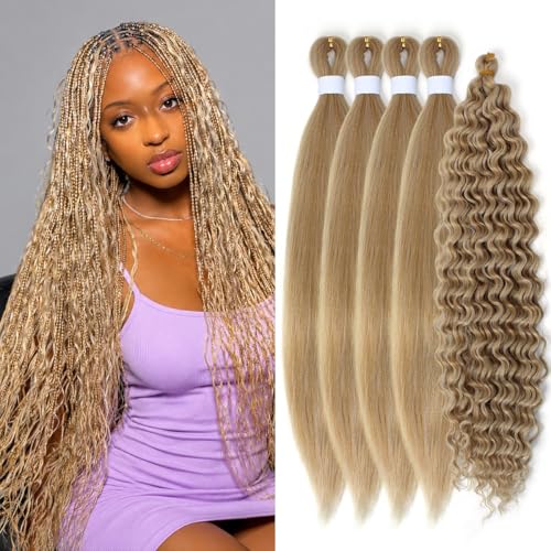 Gaoleif Mix Ash Honey Blonde Braiding Hair Pre stretched Boho Curly Deep Wave Prestretched Braiding Hair Extensions Knotless Crochet Boho Hair For Braiding Synthetic (5 Packs Ash Honey Blonde)