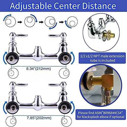8 Inch Center Wall Mount Commercial Sink Faucet With Sprayer, 26'' Height With Pull Down Pre-Rinse Sprayer & 12" Spout, For 2-3 Compartment Utility Sink #TOP5
