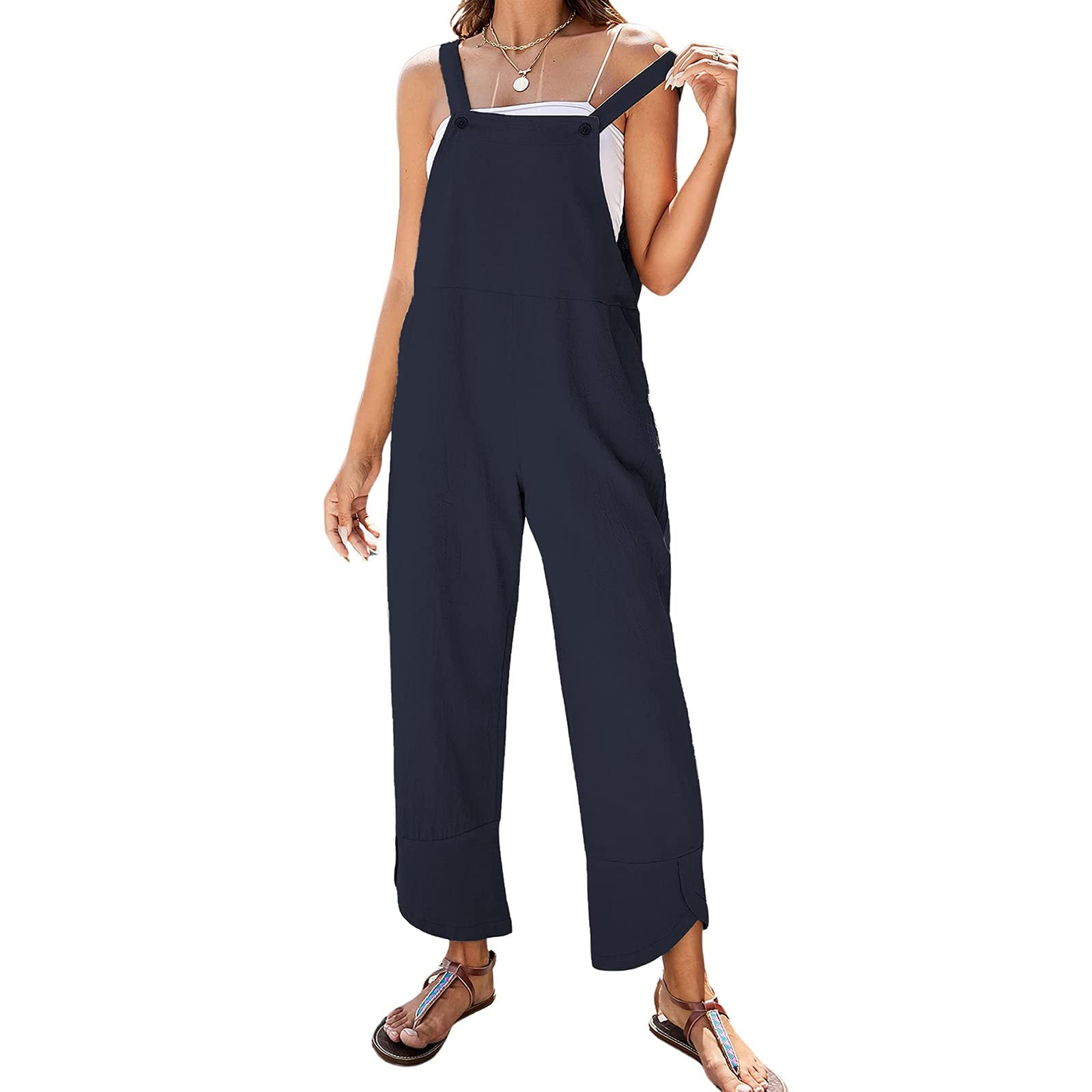Donna senza maniche cotone lino nero salopette Baggy Capri tuta con tasche