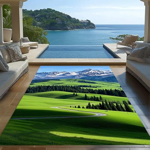 Rustic Green Mountain Scenery Outdoor Rug 5x8