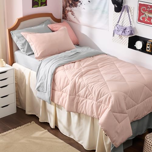 Image of Bedsure Twin XL Comforter - 5 Pieces Reversible Blush Pink Bed in a Bag, Twin XL Bedding Comforter Set College Dorm Essentials with 1 Flat Sheet, 1 Fitted Sheet, 1 Pillowcase and 1 Pillow Sham