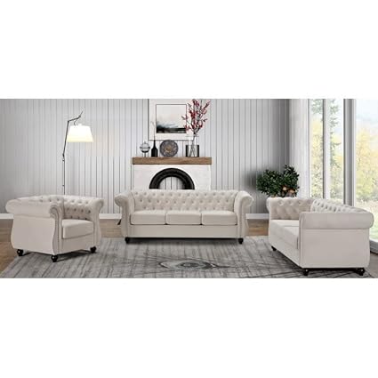 INTERIOR FURNITURE 3 +2 +1 Seater Luxary Velvet Tuffted Sofa Set for Living Room, Hallways, Offices, Bedroom (Cream, Six-Seater)
