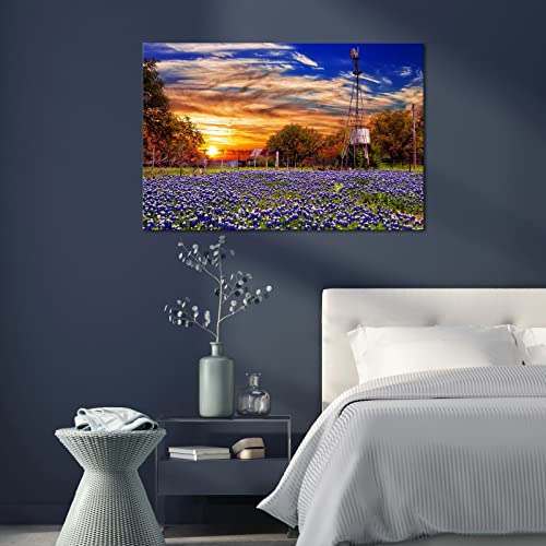 Conipit Texas Landscape Wall Art Texas Wildflowers Canvas Bluebonnets Picture Rustic Windmill Painting Farmland Sunset Prints Western Farm Artwork For Home Wall Decor Framed 24''X36'' #TOP4