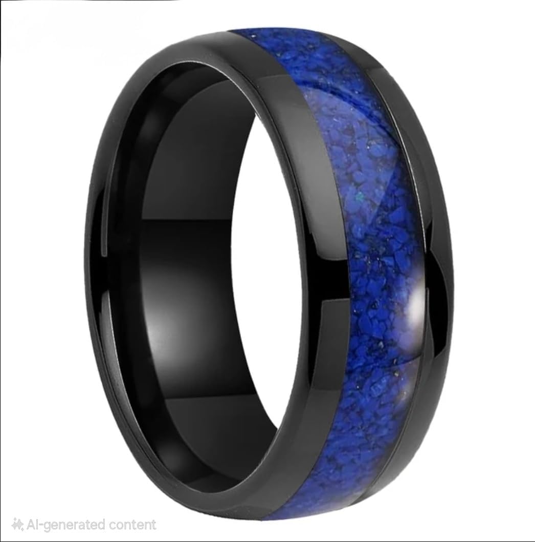 8MM Tungsten Carbide Ring Band Lapis Lazuli Inlay Dome Edges Ring for Men Women Comfort fit Band