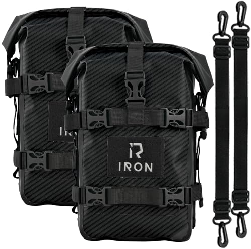 RIDEIRON Borse Crash Bar Moto – 2×5L Impermeabili, Borse Laterali Universali, Montaggio Rapido, PVC 500D Resistente, Per Viaggiatori e Pendolari (Fibra Di Carbonio)