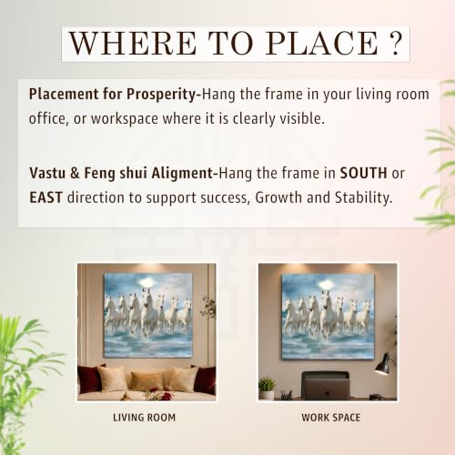 Image of PAINTINGMANTRA 7 White Running Horses Canvas Wall Art Painting For Living Room|Seven Running Horses Vastu Feng Shui Stretched Canvas Painting For Bed Room, Home & Office, 22x34 Inch