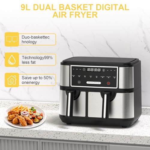 EUARY 4L+6L Dual Baskets Air Fryers for Family,8-In-1 Compact Oven with Smart Finish,Oil Free Double Zone Air Fryer with Cookbook,Timer & Temperature Control,Nonstick 2600w - Image 2