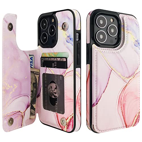 Image of HAOPINSH for iPhone 13 Pro Case Wallet with Card Holder, Pink Marble Pattern Back Flip Folio PU Leather Kickstand Card Slots Case for Women Girls, Double Magnetic Clasp Shockproof Cover 6.1 inch