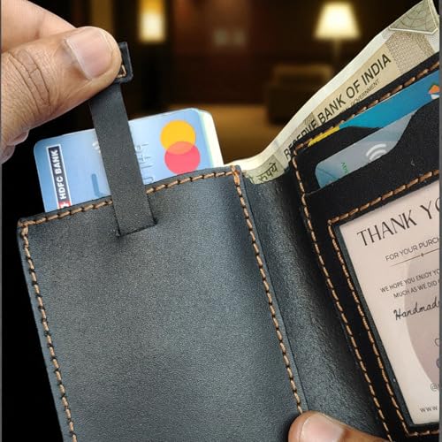 Image of Genuine Leather Bifold Wallet for Men Includes Card Holder, ID Slot, and Cash Compartment Pocket, Handmade with Easy Card Access Strap Charcoal Black