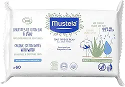 Mustela Toalha De Algodão Bio À Base De Água - Embalagem 60 Unidades - Vegana Sem Fragrância E Certificada Orgânica - Limpa As Impurezas Da Pele Com 99 8% Ingredientes Naturais