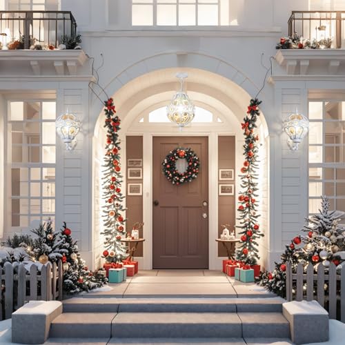 Globe Outdoor Pendant Lights, White Aluminum Waterproof Hanging Light Fixture for Porch Entryway Hallway, Vintage Round Exterior Chandelier, Outside Pendant Lamp with Amber Glass, 2 Pack