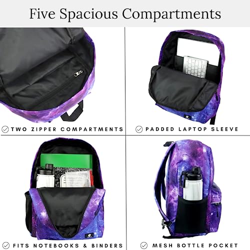 Image of Fenrici Galaxy Backpack with Lunch Box & Bento Box Matching Set, Laptop Backpack, Insulated Lunch Bag for Girls, Boys, Bento Box with 5 Compartments, Purple Galaxy, Pastel Blue