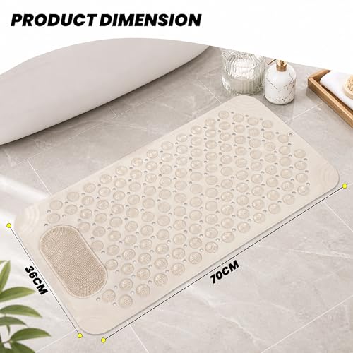 Image of Storite Rectangular Anti Skid Bath Mat with Foot Scrubber for Bath Room Shower Mat with Suction Cups & Drain Holes Silicone Floor Mat for Kids & Adults (70 X 35cm, Beige)