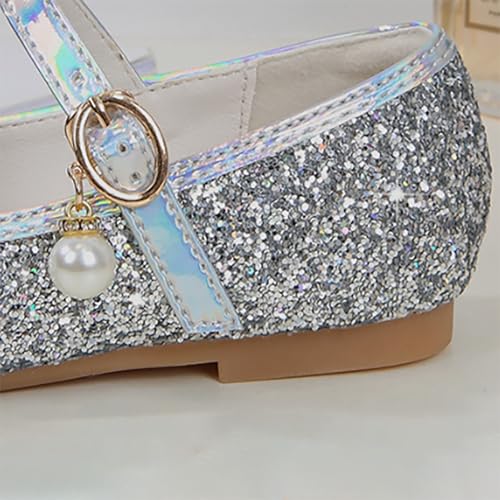 Flower Girls Dress Shoes Toddler Kids Wedding Heel Mary Jane Shoes Glitter Flat Shoes Girls Sandals Youth (White, 2.5 Big Kids)4