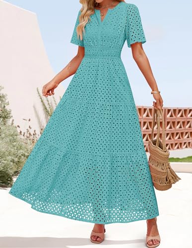Image of ZESICA Women's 2026 Summer Short Sleeve Maxi Dress Casual V Neck Hollow Out Eyelet Ruffle Swing A Line Long Dresses