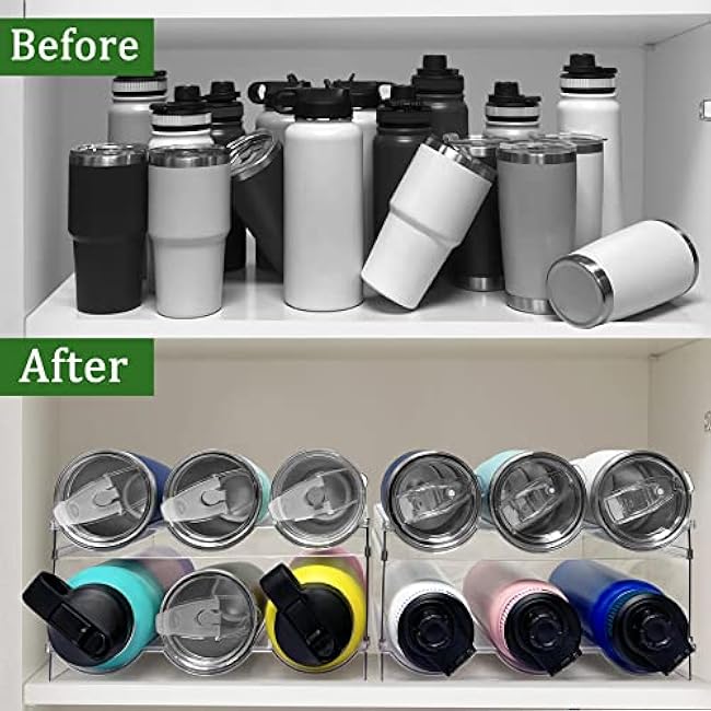 2 Pack Water Bottle Organizer, Stackable Kitchen Pantry Storage Shelf, Plastic Water Bottle Holder for Cabinet and Fridge Organization