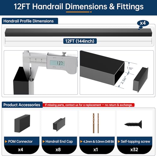 Image of 12FT Black Stainless Steel Cable Railing Handrail with POM Connector | 4 Pack Rectangular Cuttable Handrail, 2-3 /8 inchx1-3 /16 inch Flat Top Hand Railing, Deck Handrail for Indoor Outdoor Railing System