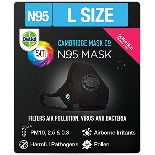 Image of Dettol Cambridge N95 Mask for Protection from Virus, Bacteria, Pollution - Reusable, Washable, with Breathing Valve (Black, Large)
