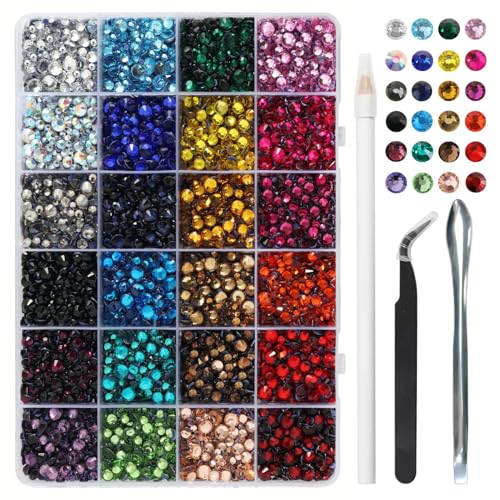 Image of Hotfix Rhinestones Mixed 24 Colors & 5 Sizes,14520pcs | Mat: glass, SS6-SS30(2mm-6mm),for crafts clothes,with tweezers,wax pencil and spoon