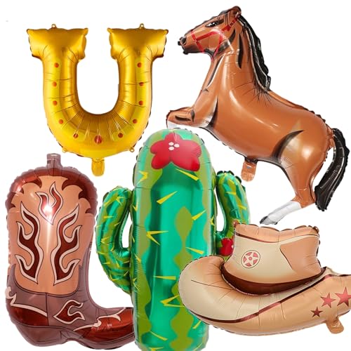 Western-Balloons Cowboy-Balloon 5PCS Horse Horseshoe Boot Cowboy Hat Cactus Foil Balloons Western Birthday Party Rodeo Bachelorette Decoration Supply