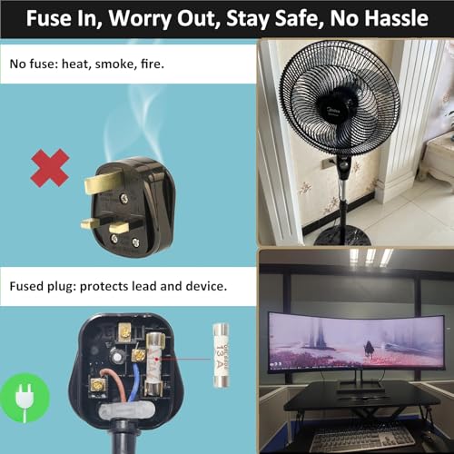 90 Degree PC Power Cable, 1.5 Metre EC C13 Power Cable Upward Angle, UK 3-Pin Fused Plug Copper Core 250V 10A Electric Cable Supply Kettle Monitor TV Computer Printer Replacement Lead, Black - Image 7