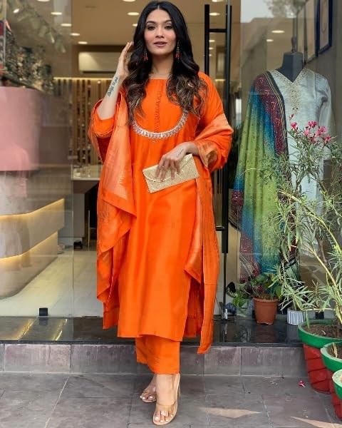 Image of Yashika Women's Silk Blend Jacquard Kurta and Pant with Dupatta Set and Khatali Work Suitable For Every Indian Occasion