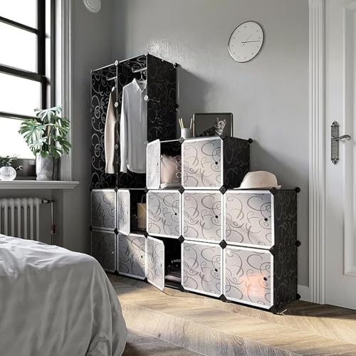 SONGMICS Wardrobe with 2 Clothes Rails 180 x 145 x 37 cm, Black with Patterned Door Panels, 143 x 178 x 36 cm - Image 4