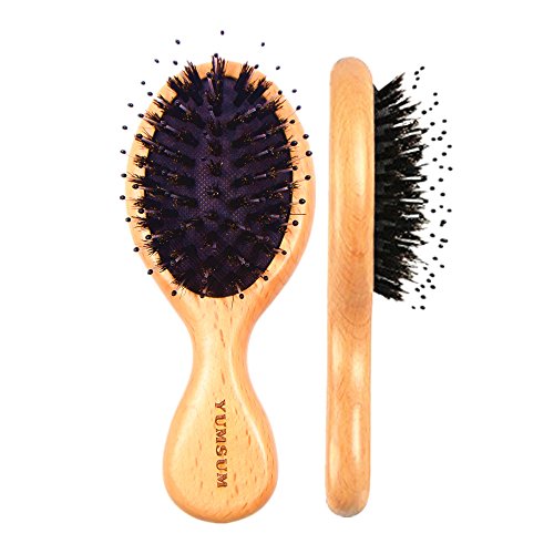 YUMSUM Boar Bristle Hair Wood Brush Massage Detangling and Tickling Comb,Mini Pocket Travel Size for Kids Old People and Adults (Wood)