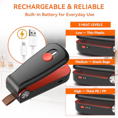 NEATEST Mini Bag Sealer, Upgraded USB Rechargeable 3 Heat Levels Chip Bag Sealer Black - image 2