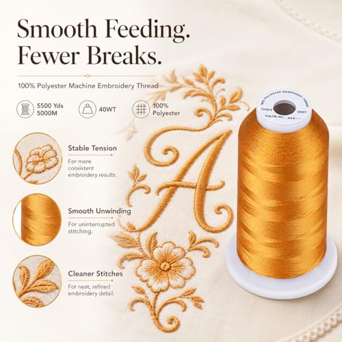 Image of Simthread 5500Yds /5000M 40WT Polyester Embroidery Thread Deep Gold 214 | High-yardage 5000M spool offers smooth feeding and stable 40WT polyester thread for home and commercial embroidery machines.