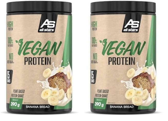All Stars Vegan Protein I veganes Proteinpulver Banana Bread I 390g pflanzliches Eiweiß-Pulver mit mit EAA + BCAA + Glutamin I vegane Proteine fettarm, zuckerarm, kalorienarm & laktosefrei