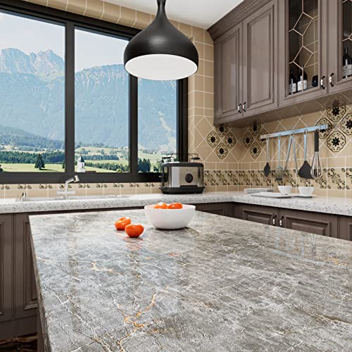Lacheery 317"X12" Gold Grey Marble Wallpaper Peel And Stick Marble Countertop Contact Paper For Countertops Waterproof Contact Paper Marble Gray Removable Wallpaper For Walls Kitchen Island Vinyl Wrap #TOP1