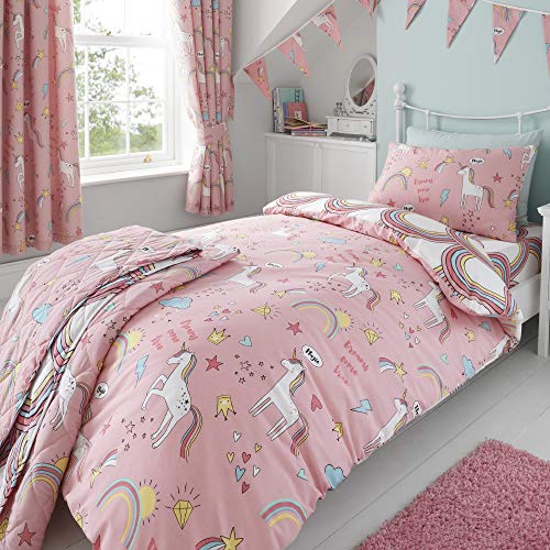 Happy Linen Company Girls Kids Unicorns Rainbows Pink Double Reversible Duvet Cover Bedding Set