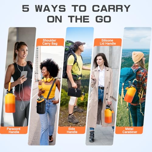 Image of GAZLEMHO Insulated Water Bottle 64 oz, Half Gallon Water Jug Cold 48H, BPA Free Stainless Steel Bottles with Straw /Chug 2-in-1 Lid, Bag, Paracord Handle, Silicone Boot, Sports Gym School Metal Flask