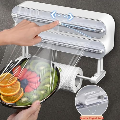 Distributeur de film étirable 3 en 1 avec cutter, support mural de cuisine pour emballage plastique, feuille d'étain, papier ciré
