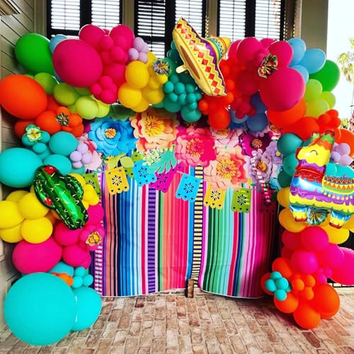 Image of Mexican Fiesta Party Decorations, 144Pcs Cinco De Mayo Rainbow Balloons Arch Garland Kit Cactus Llama Sombrero Explosion Star Foil Balloons for Taco Twosday Carnival Hawaii Tropical Birthday Party