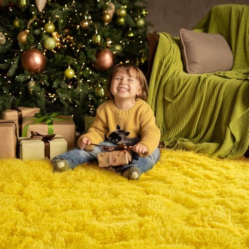 Image of Shaggy Round Area Rug - Soft Plush Circle Solid Color Carpet for Living Room, Bedroom, Kids Room - Fluffy Fuzzy Floor Mat for Home Decor (Yellow, 3x3 feet, Round)