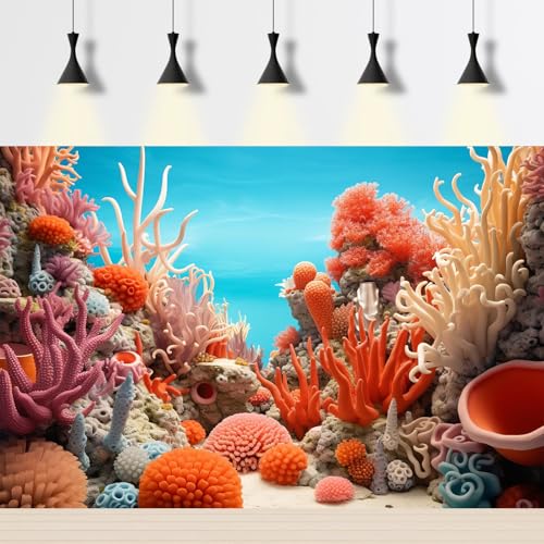 Image of Under The Sea Aquarium Background Vibrant Splendor Coral Colony Terrarium Background Various Coral Underwater Blue Ocean Backdrops Deep Sea Aquatic Theme Fish Tank Background Poster Vinyl 36x18in
