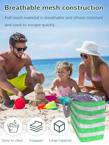 Beach Bags Women Mesh Tote Bag Modern Green White Stripe Toy Grocery Pool Bag with Pockets for Travel/Picnic/Shower2