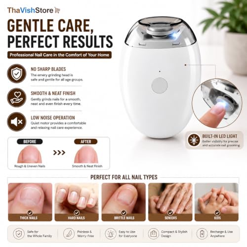 Image of Automatic Electric Nail Grinder & Trimmer with LED Light | Rechargeable Nail File, Nail Shaper & Polisher | 3 Speed Settings | Safe Nail Care for Adults, Kids & Seniors | Portable Electric Nail Grooming Kit
