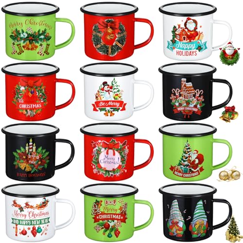 Dandat 12 Pieces Christmas Coffee Mugs Happy Christmas Coffee Cups Enamel Coffee Mug 12 oz Christmas Decorations Mugs for Christmas Party Gift Dinner Drinks Supplies