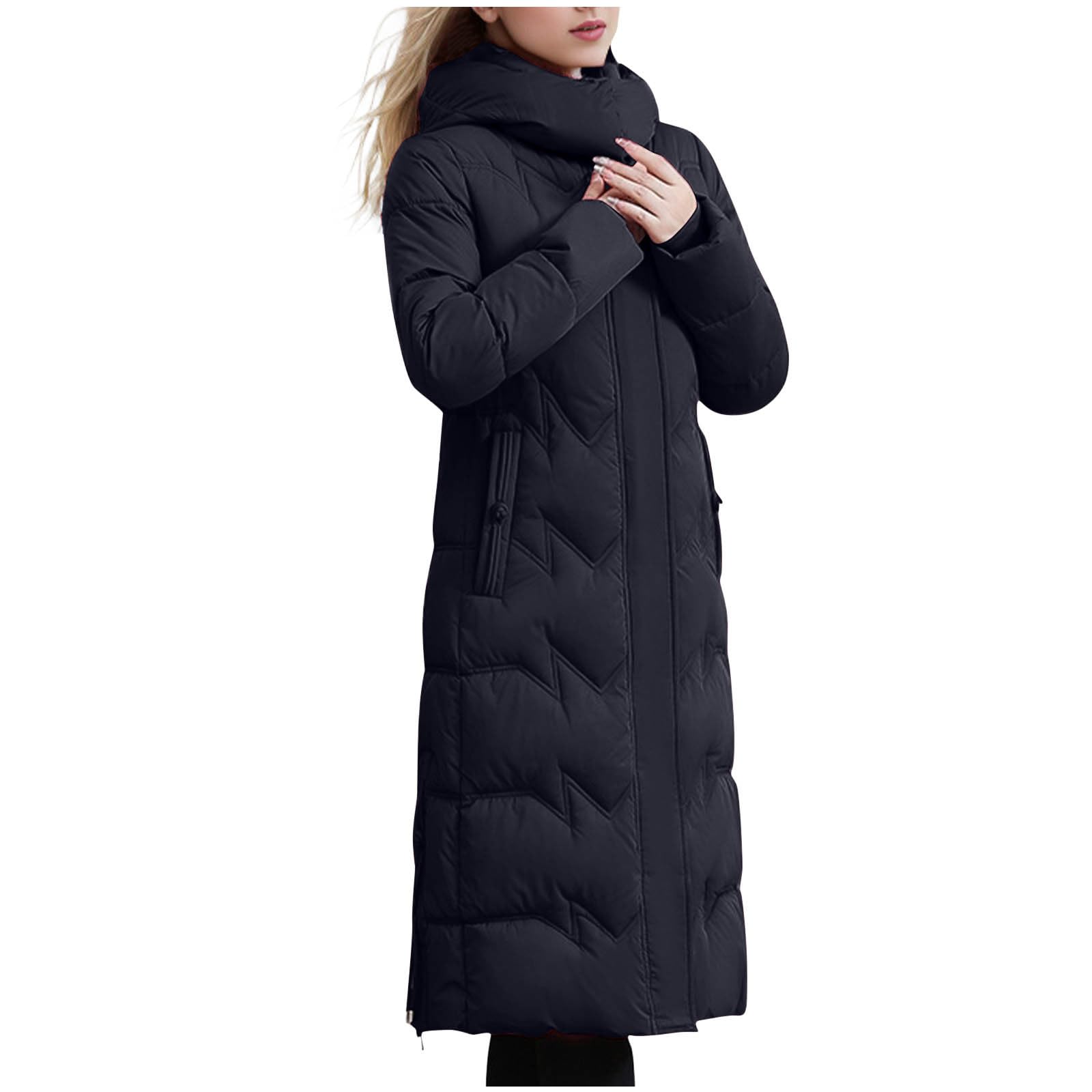 Wintermantel Damen Lang Warm Winterjacke Outdoor Warm Gefüttert Steppjacke Lange Elegant Langarm Winter Parka Jacke mit Kapuze Winterparka Mantel Einfarbig Bequemes Sportjacke Steppmantel Mantel