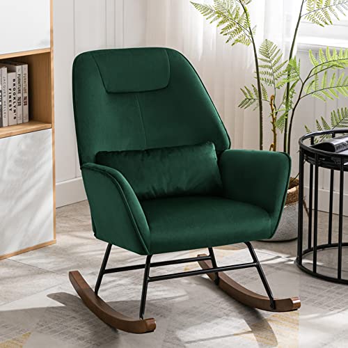 Fauteuil à Bascule en Velours Rembourré avec Support Lombaire, Conception de Protège-Cou, Fauteuil Allaitement à Structure en Métal, Chaise a Bascule pour...