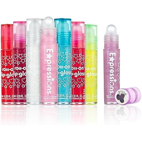 Expressions 8pc Roller-Ball Glitter Lip Gloss Set, 8 Assorted Fruit Flavored Roll On Rollerball Lip Gloss for Kids, Safe, Non Toxic Kids Makeup Set Cover
