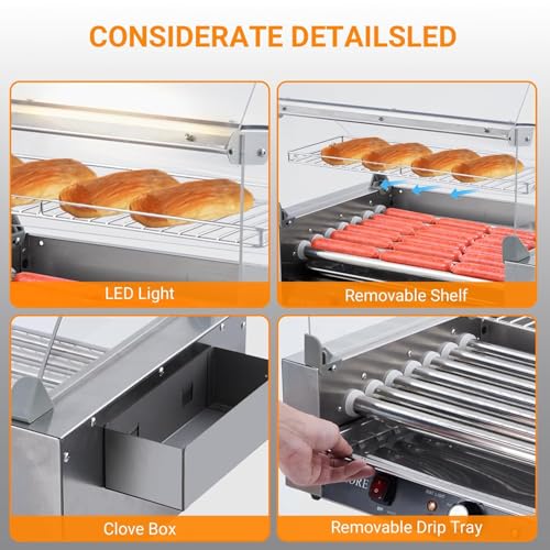 Hot Dog Roller, 18 Hot Dogs 7 Rollers Grill Cooker Machine with Removable Stainless Steel Drip Tray Stainless Steel with Cover, Dual Temp Control, Led Light, Perfect for Commercial and Party