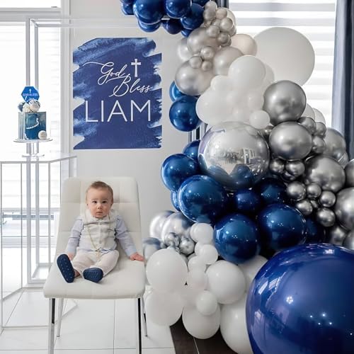 Image of PartyWoo 140 pcs Blue Balloon Arch Kit Garland Navy and Light Baby Blue Silver Gray 4D Foil and Glitter Balloons for Baby Shower Gender Reveal Graduation Wedding Birthday Party Decorations