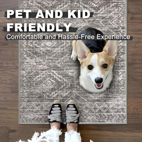 KILOCOCO Boho Kitchen Runner Rug 2x6 Washable Runner Rug, Soft Runners for Hallways Non Slip Printed Distressed Laundry Room Rug, Low-Pile Rug for Entryway/Bedroom/Living Room, Taupe