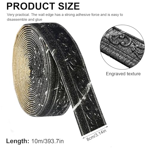 Hengrongshen Zierleisten Selbstklebend Schwarz, Selbstklebende Bordüre 10m x 8cm x 5mm, Wasserdicht Bordüre 3D, Tapetenbordüre Selbstklebend für Flur, Decke, Ecke, Linie
