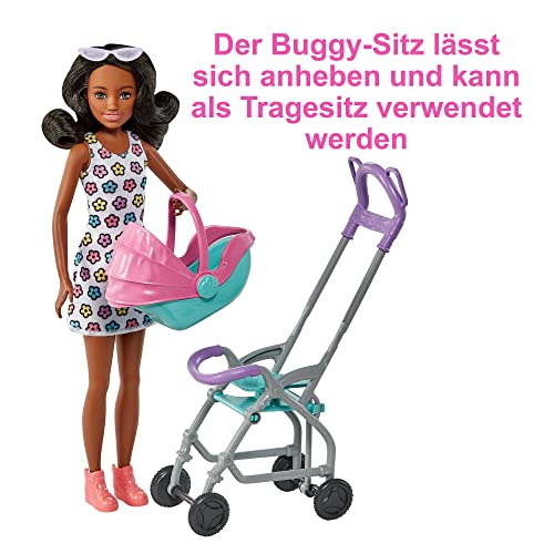 Barbie Skipper Babysitter Inc, Skipper mit schwarzen Haaren, Baby mit braunen Haaren, Kinderwagen, Babytrage, Zubehör, inkl. 2 Puppen, Geschenk für Kinder, Spielzeug ab 3 Jahre,HHB68